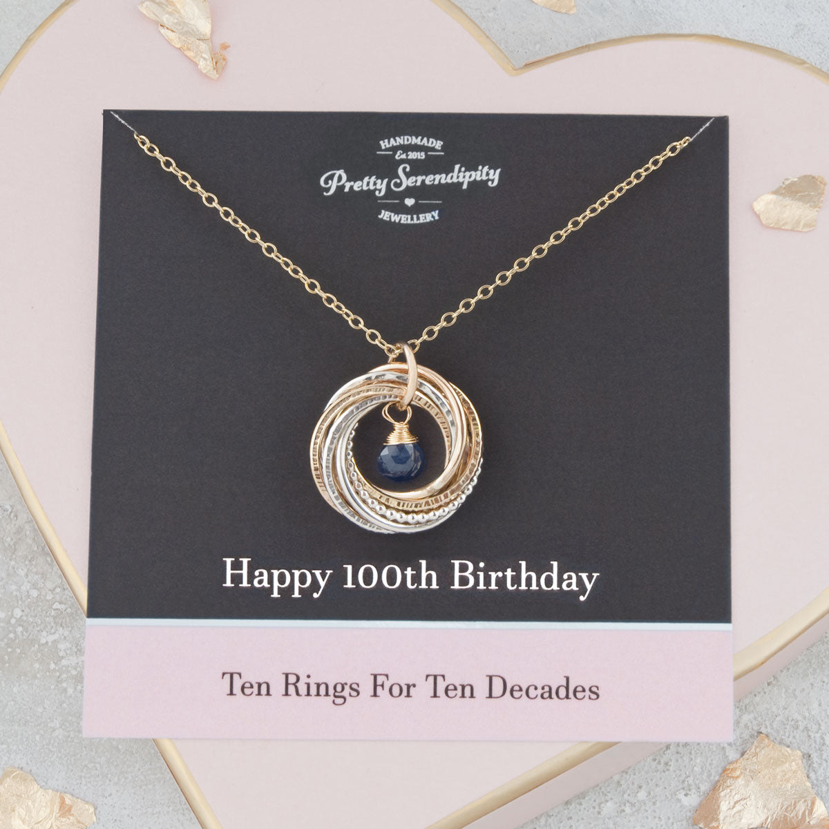 100th Birthday Birthstone Necklace – 10 Rings for 10 Decades – Silver and Gold