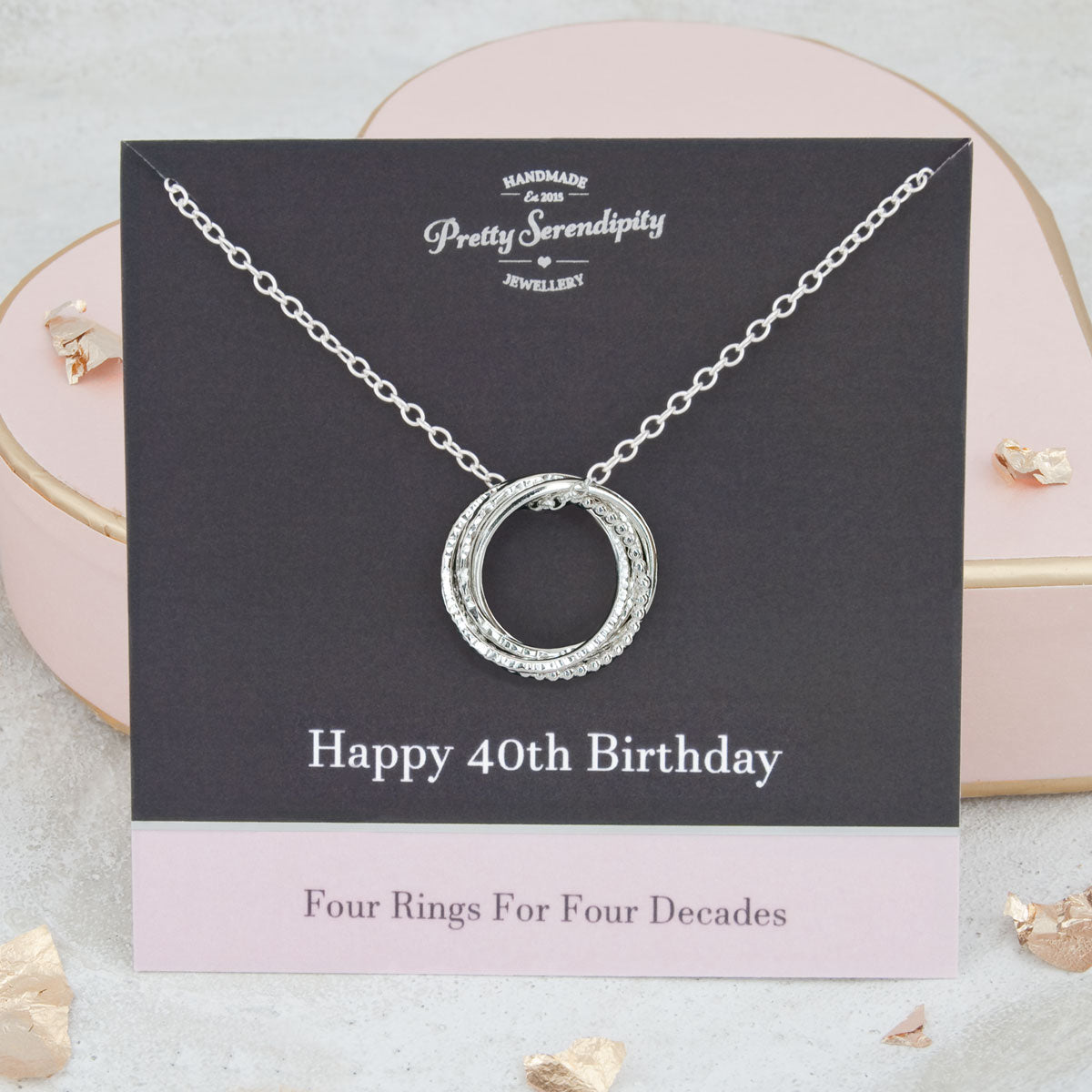 40th Birthday Necklace – 4 Rings for 4 Decades – Sterling Silver – Textured