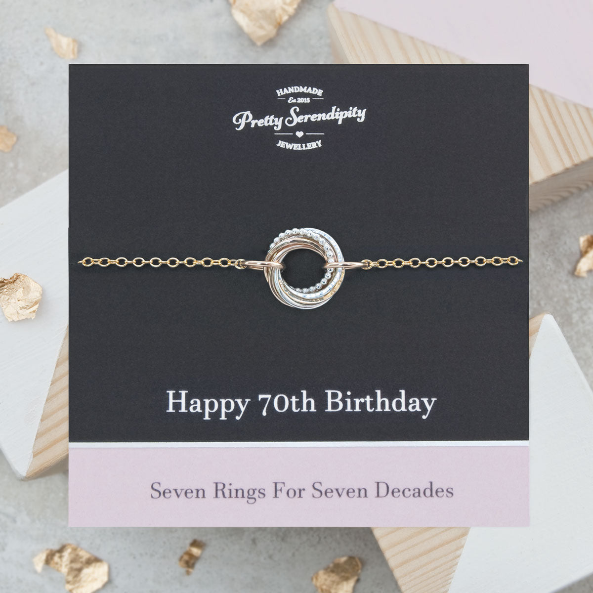 70th Birthday Bracelet – 7 Rings for 7 Decades – Silver and Gold