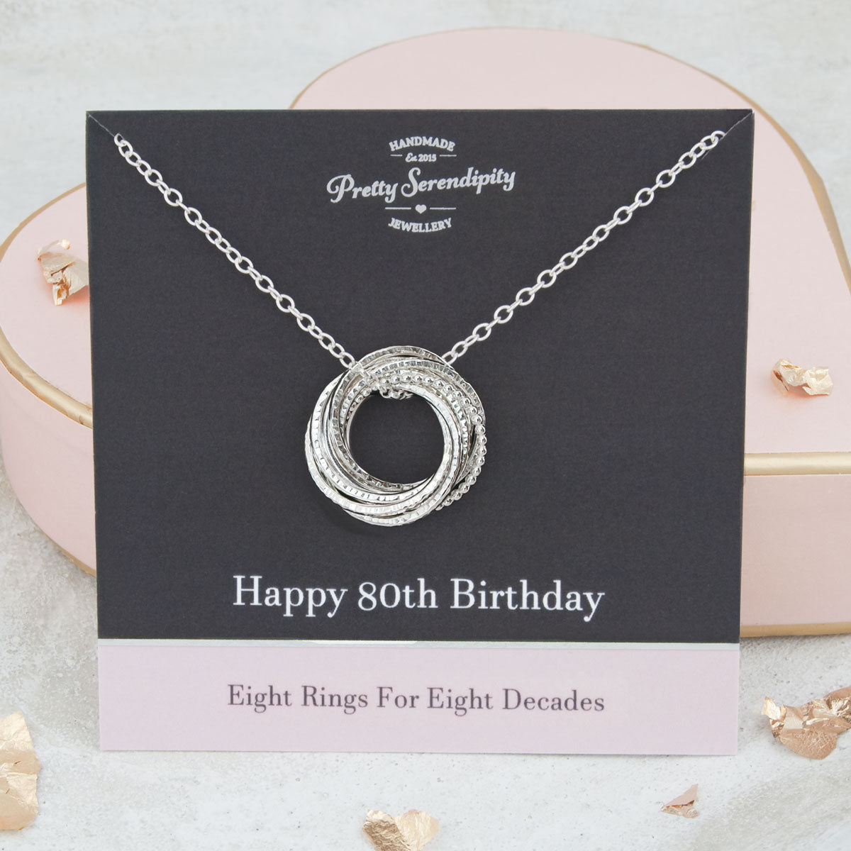 80th Birthday Necklace – 8 Rings for 8 Decades – Sterling Silver – Textured