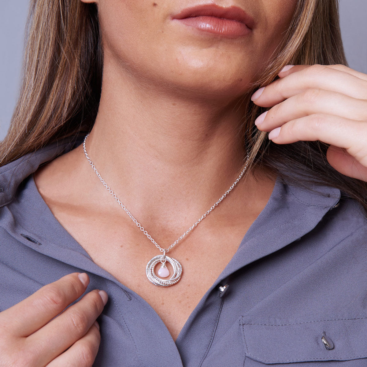 80th Birthday Birthstone Necklace – 8 Rings for 8 Decades – Sterling Silver – Textured