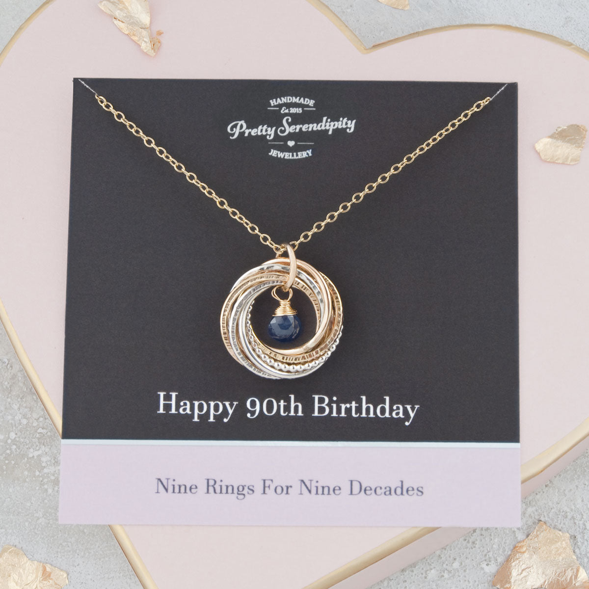 90th Birthday Birthstone Necklace – 9 Rings for 9 Decades – Silver and Gold