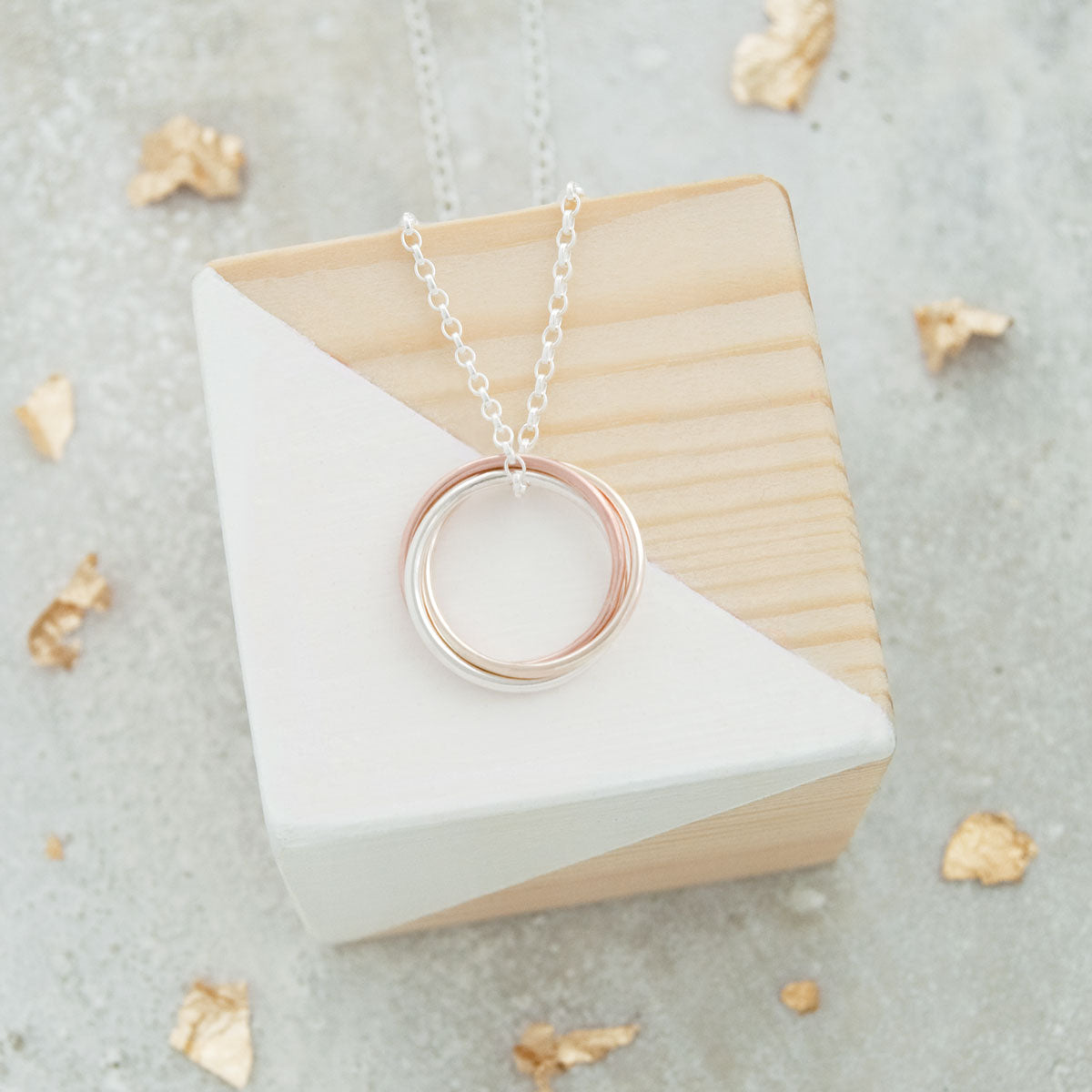 30th Birthday Necklace – 3 Rings for 3 Decades – 9ct Gold and Silver