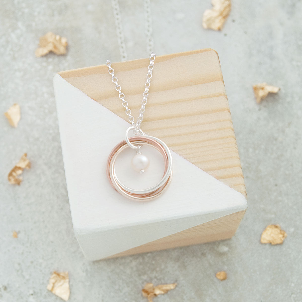 30th Pearl Anniversary Necklace – 3 Rings for 3 Decades – 9ct Gold and Silver