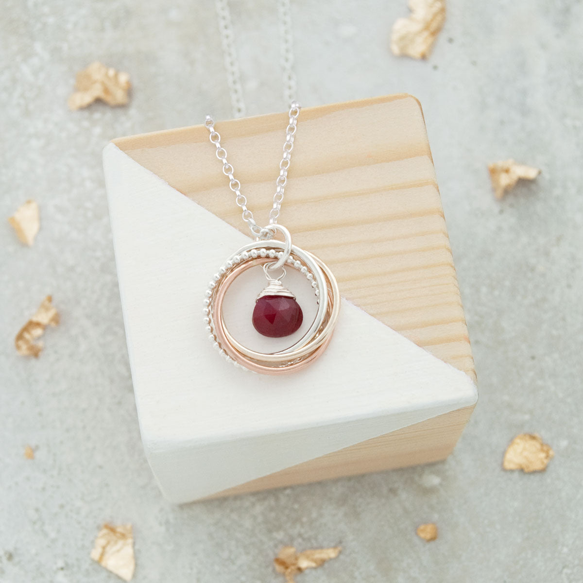 40th Ruby Anniversary Necklace – 4 Rings for 4 Decades – 9ct Gold and Silver