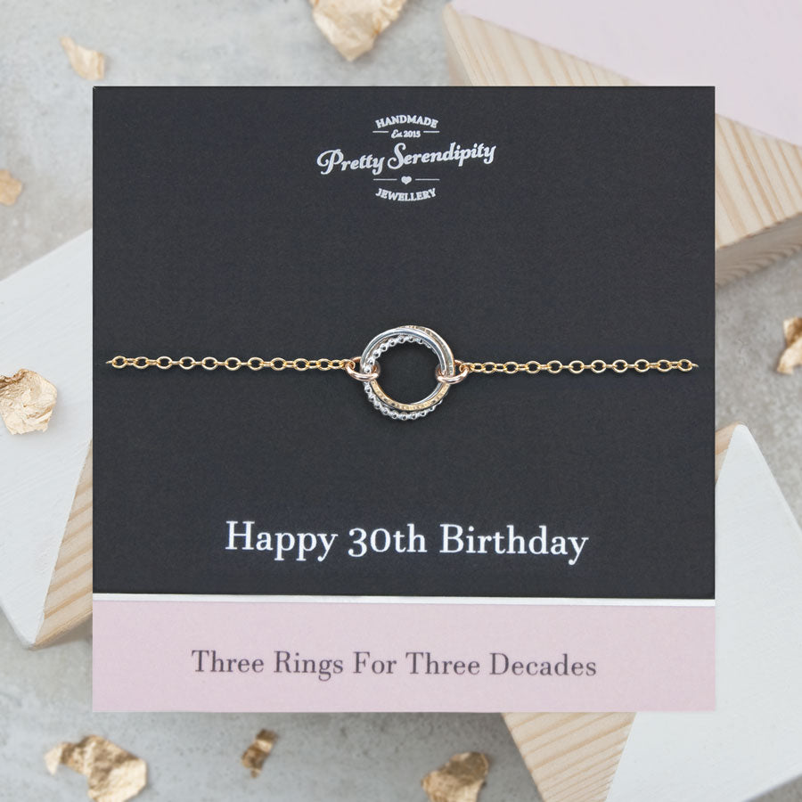 30th Birthday Bracelet – 3 Rings for 3 Decades – Silver and Gold