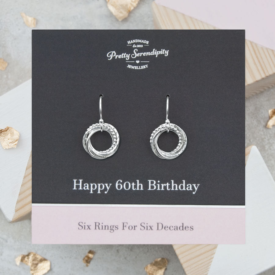 60th Birthday Earrings – 6 Rings for 6 Decades – Sterling Silver – Textured