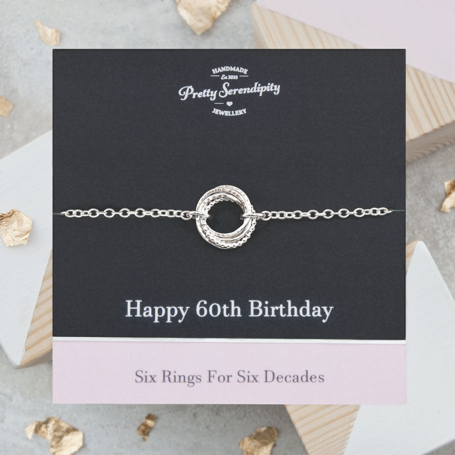60th Birthday Bracelet – 6 Rings for 6 Decades – Sterling Silver – Textured