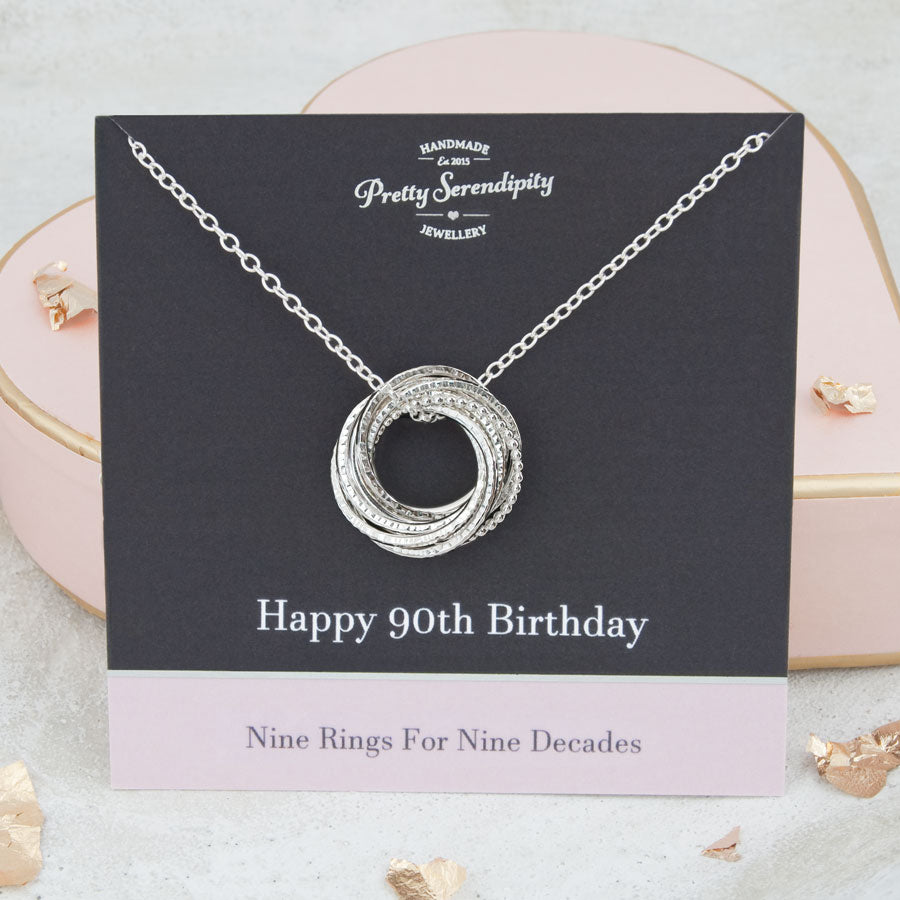 90th Birthday Necklace – 9 Rings for 9 Decades – Sterling Silver – Textured