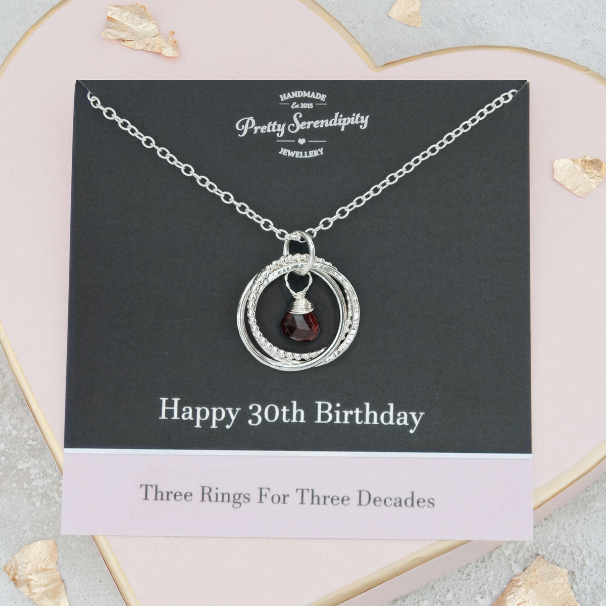 30th Birthday Birthstone Necklace – 3 Rings for 3 Decades – Sterling Silver – Textured