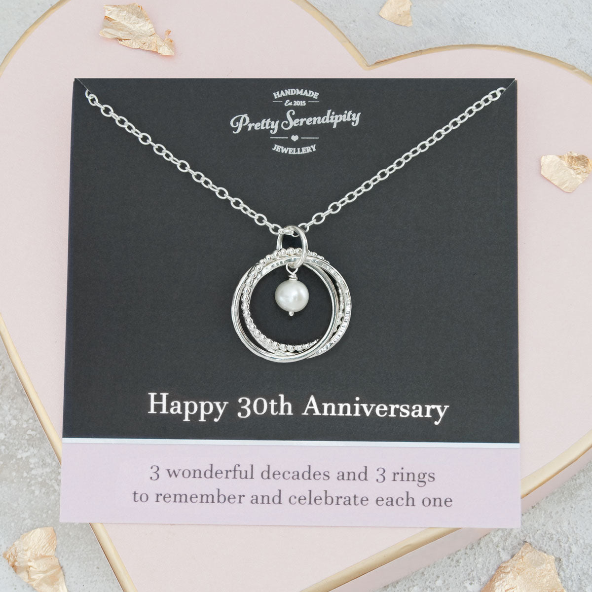 30th Pearl Anniversary Necklace – 3 Rings for 3 Decades – Sterling Silver – Textured