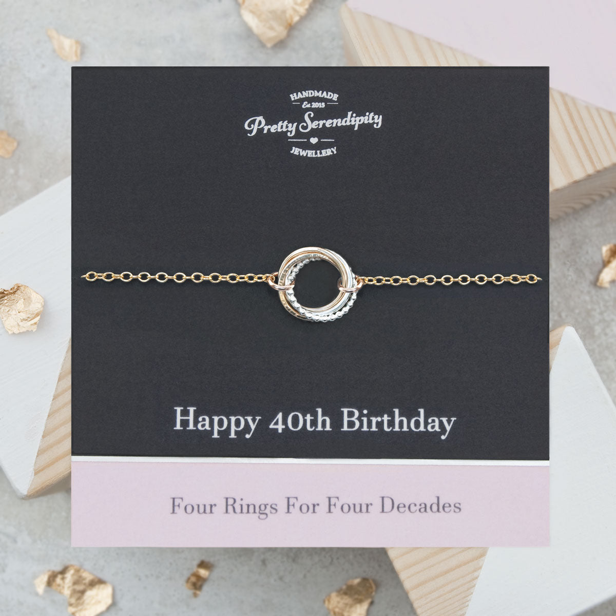 40th Birthday Bracelet – 4 Rings for 4 Decades – Silver and Gold