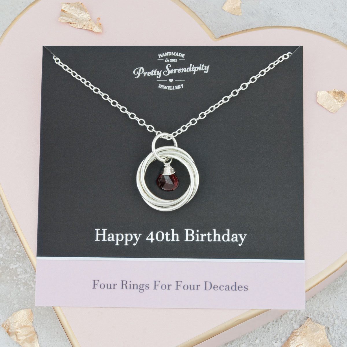 40th Birthday Birthstone Necklace 4 Rings For 4 Decades Silver Handmade