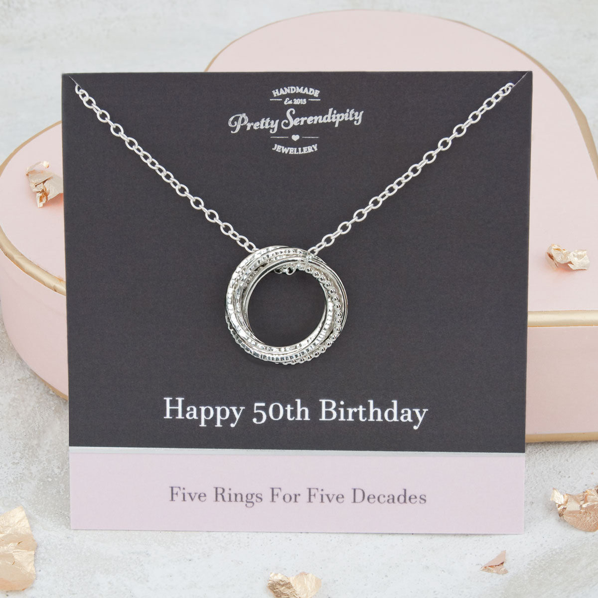 50th Birthday Necklace – 5 Rings for 5 Decades – Sterling Silver – Textured