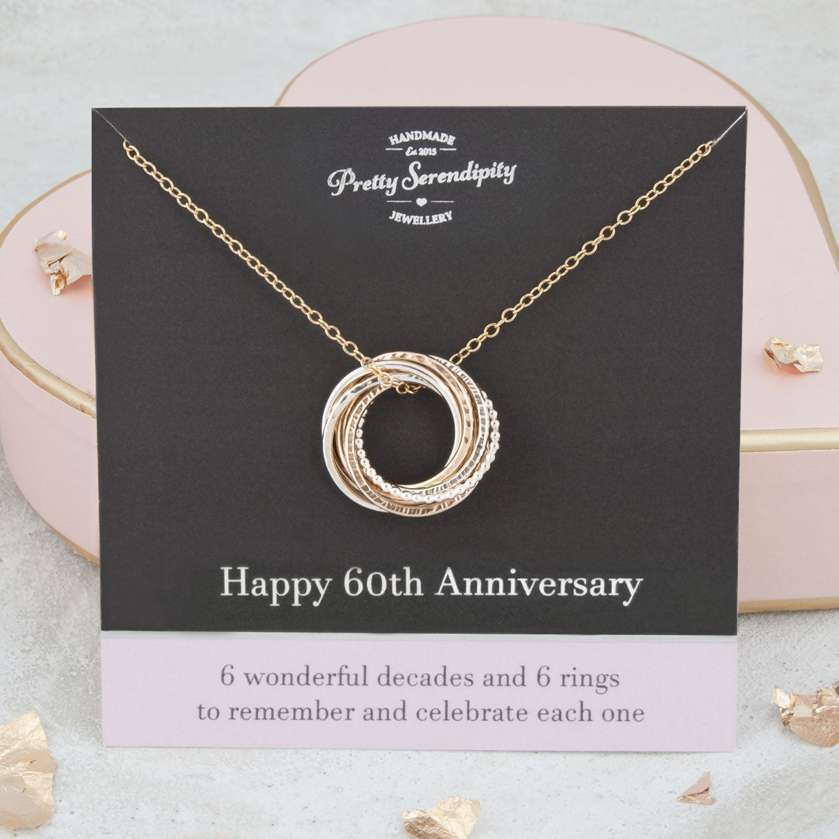 60th Anniversary Necklace – 6 Rings for 6 Decades – Silver and Gold