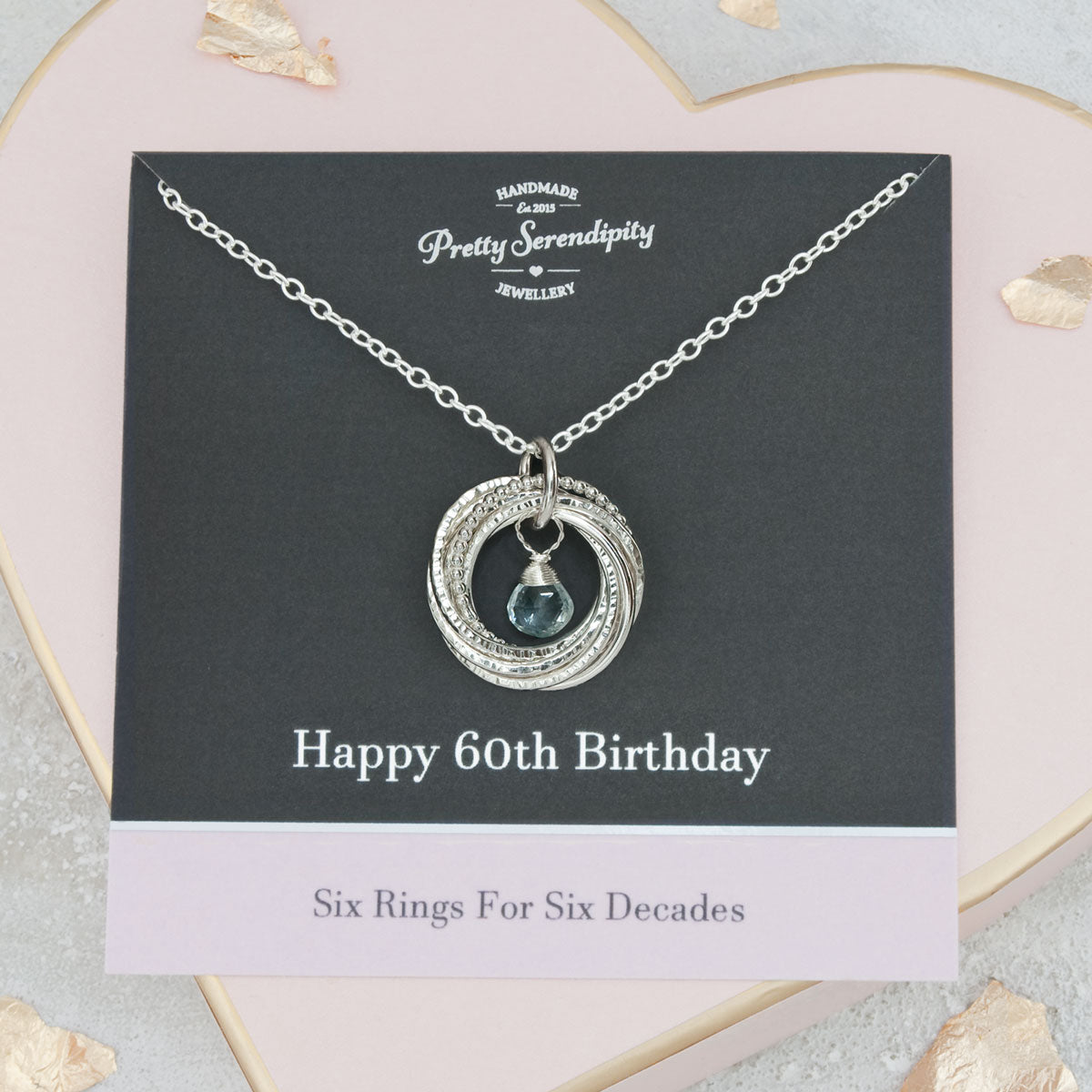 60th Birthday Birthstone Necklace – 6 Rings for 6 Decades – Sterling Silver – Textured