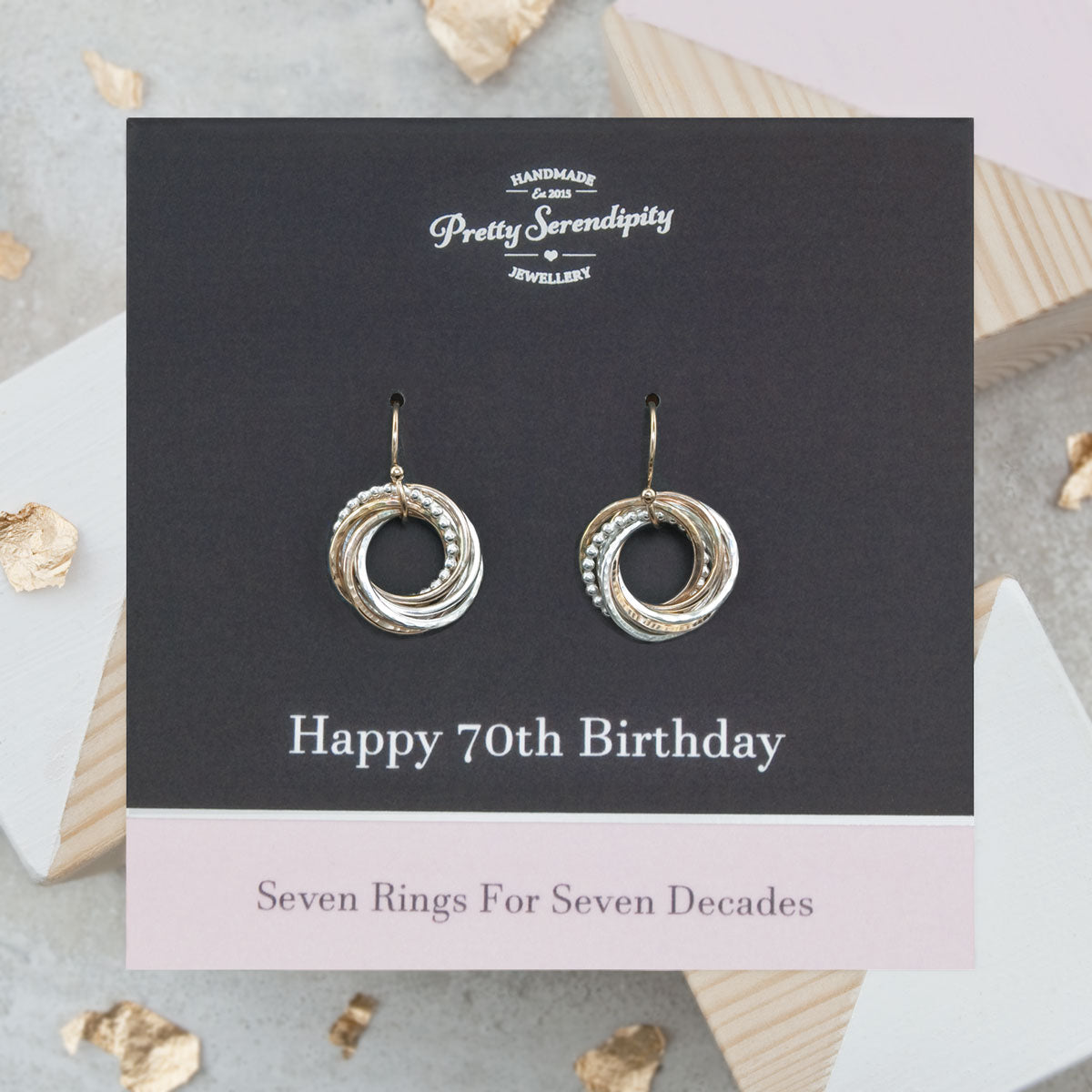 70th Birthday Earrings – 7 Rings for 7 Decades – Silver and Gold