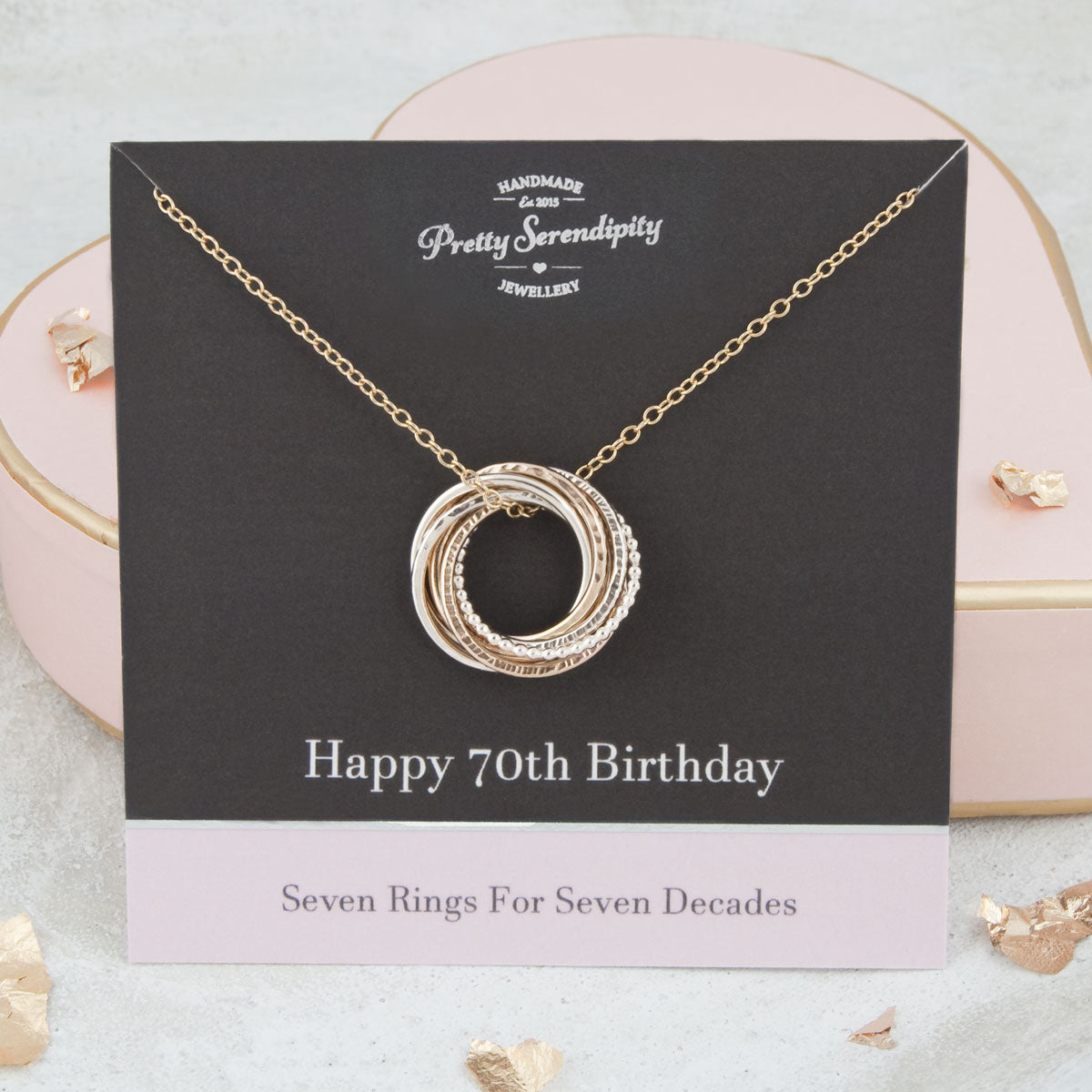 70th Birthday Necklace – 7 Rings for 7 Decades – Silver and Gold