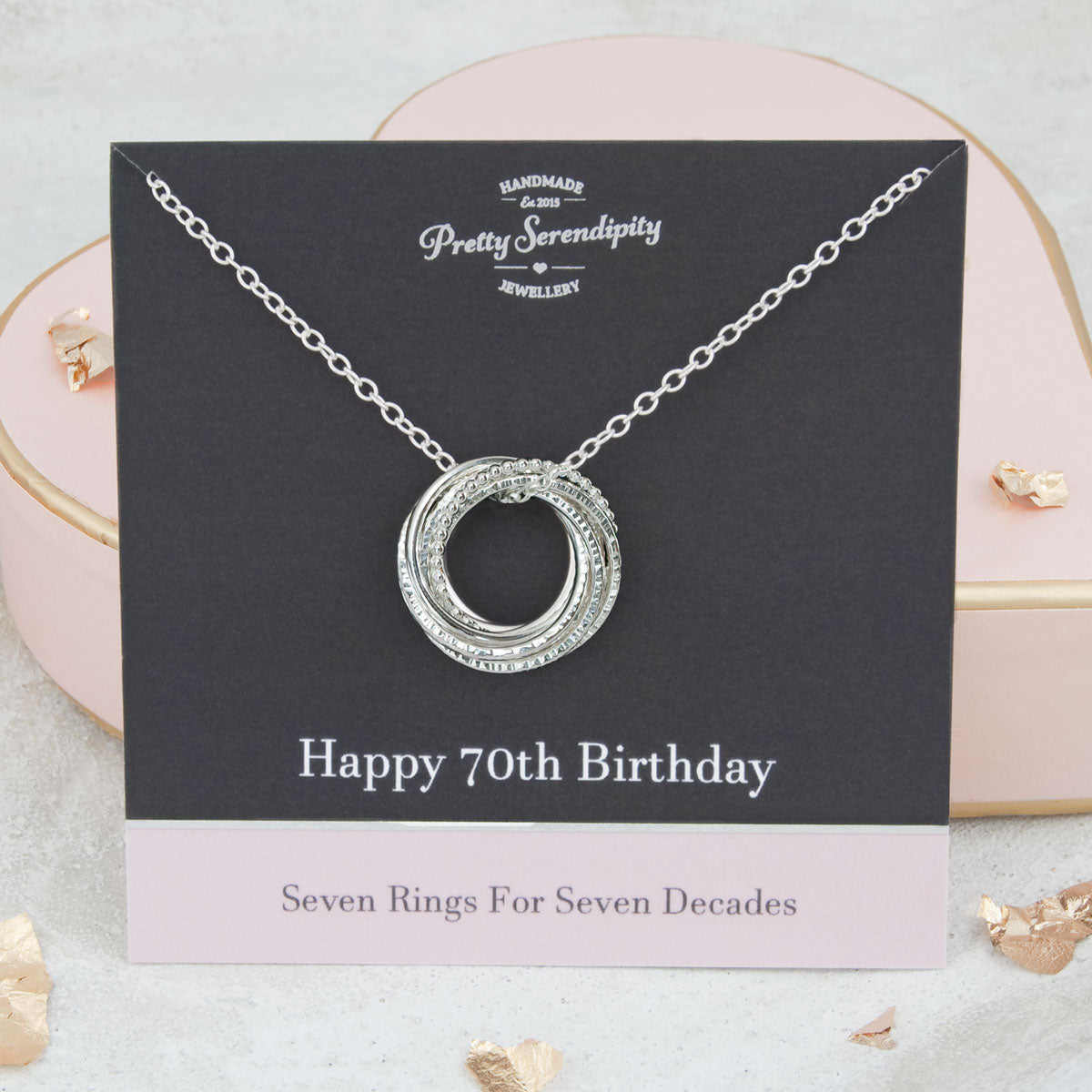 70th Birthday Necklace – 7 Rings for 7 Decades – Sterling Silver – Textured