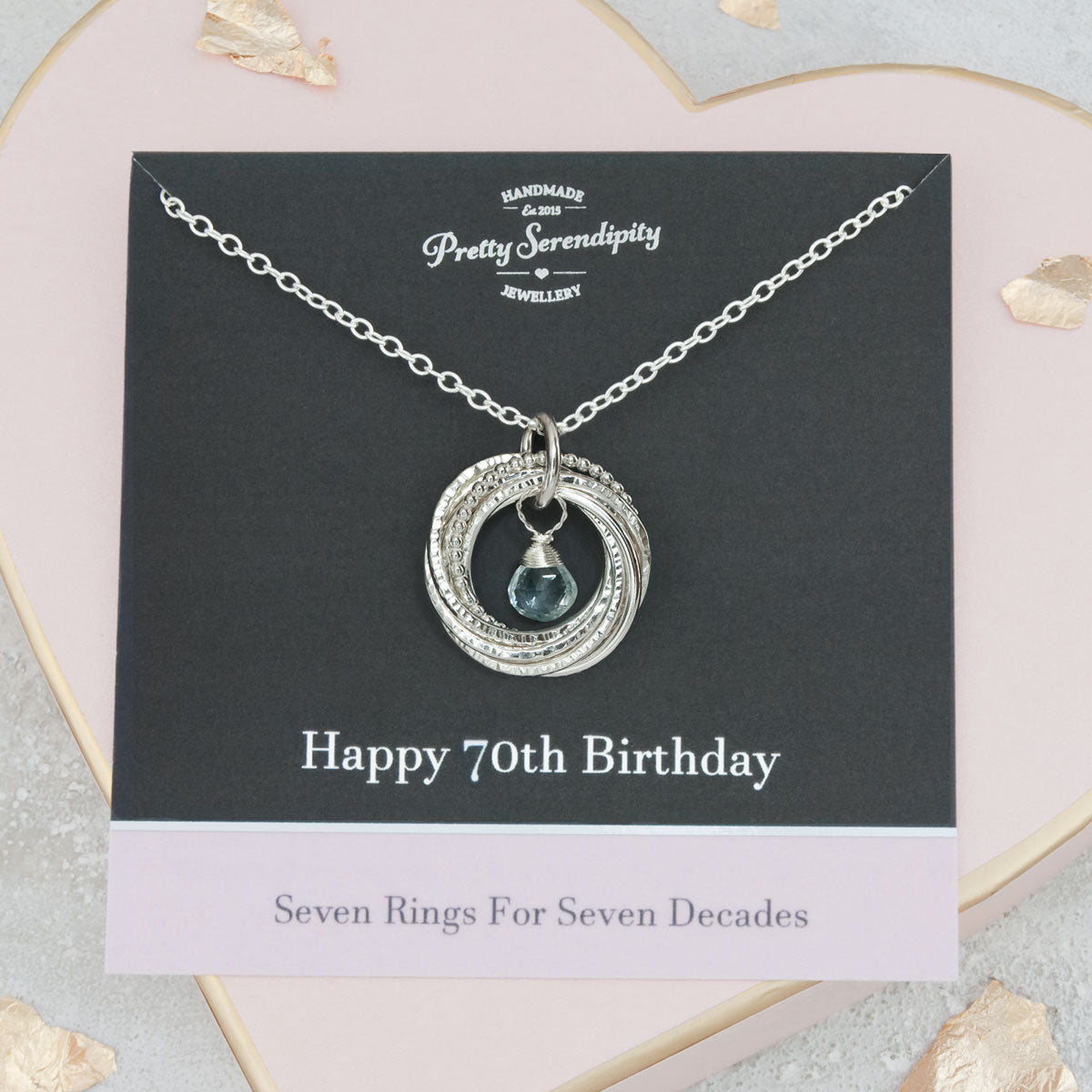 70th Birthday Birthstone Necklace – 7 Rings for 7 Decades – Sterling Silver – Textured