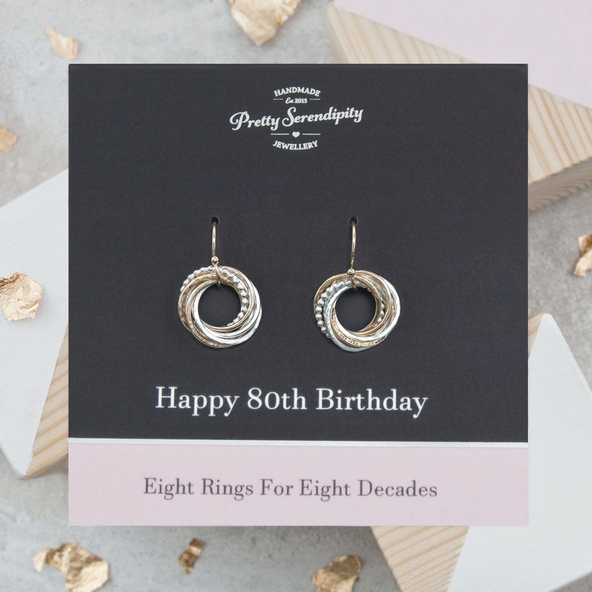 80th Birthday Earrings – 8 Rings for 8 Decades – Silver and Gold