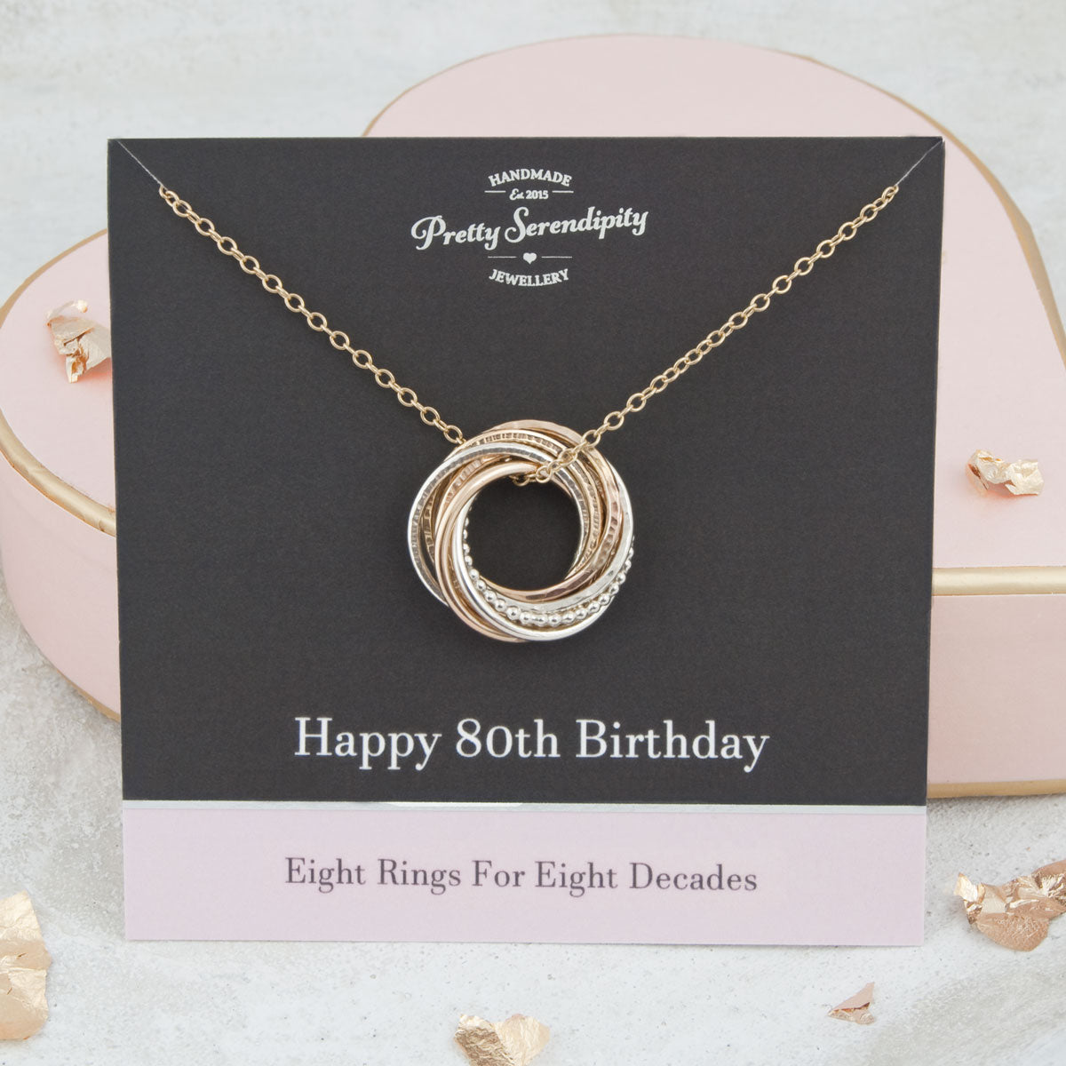 80th Birthday Necklace – 8 Rings for 8 Decades – Silver and Gold