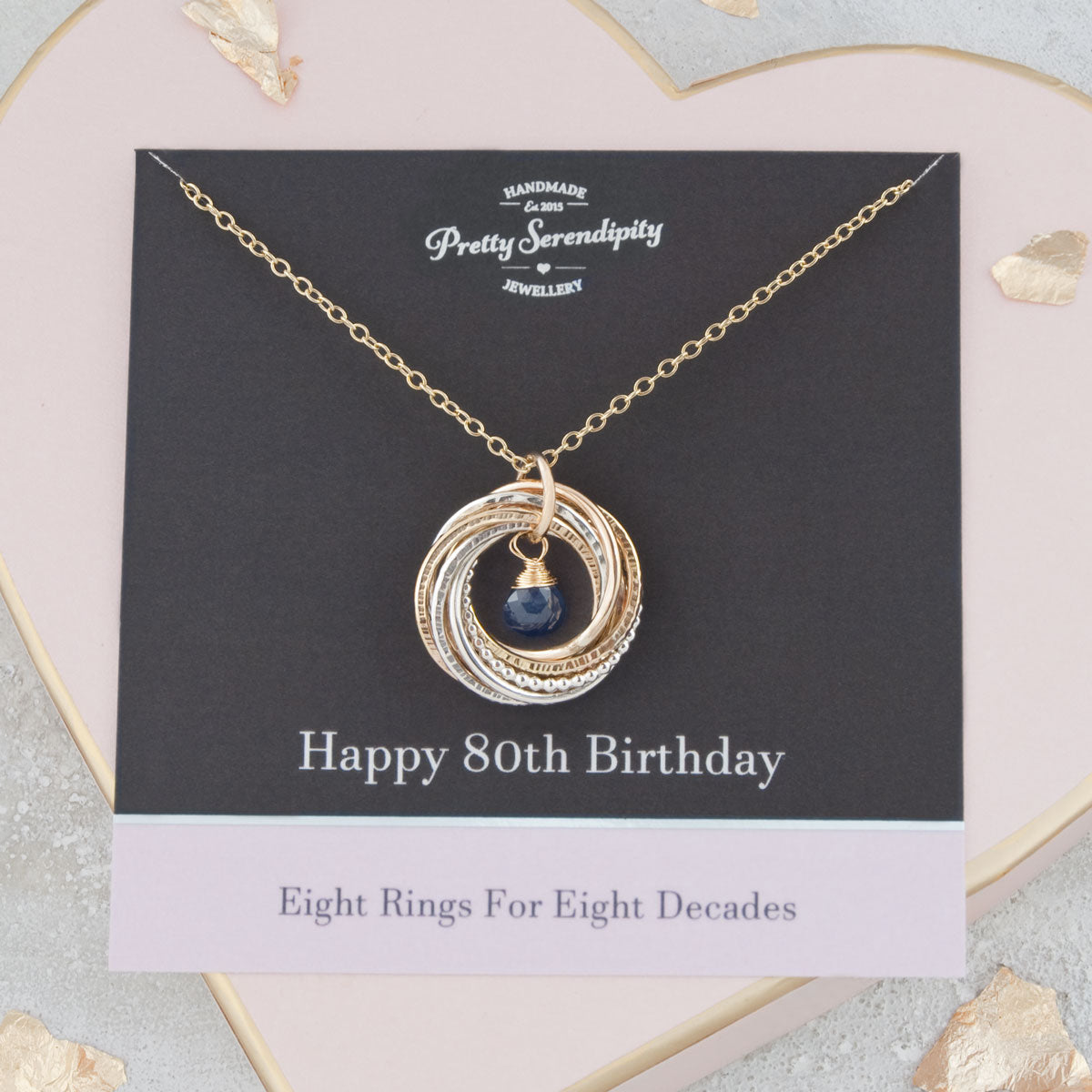80th Birthday Birthstone Necklace – 8 Rings for 8 Decades – Silver and Gold