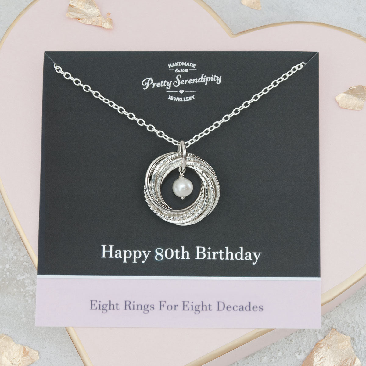 80th Birthday Birthstone Necklace – 8 Rings for 8 Decades – Sterling Silver – Textured