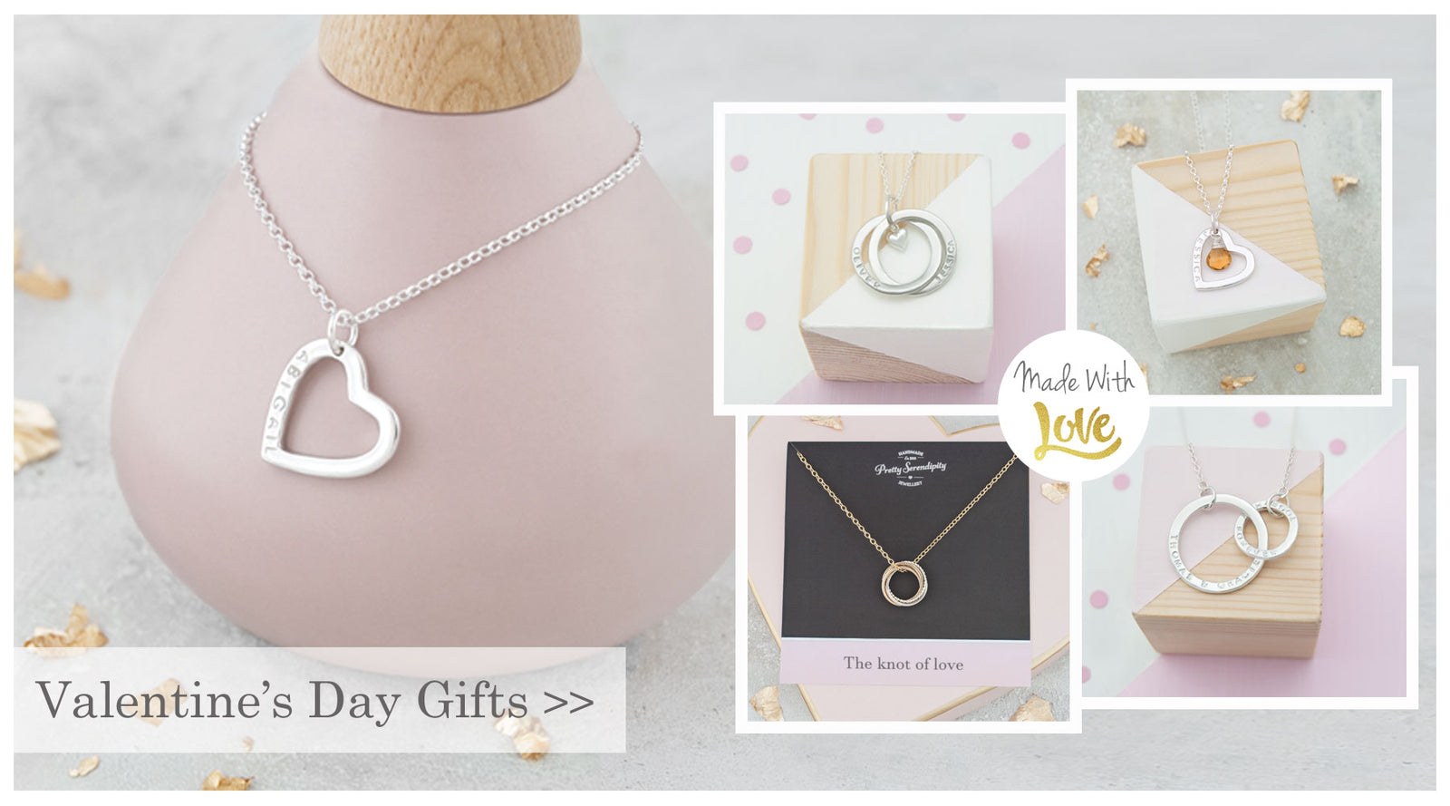 a collection of handmade valentines day themed jewellery