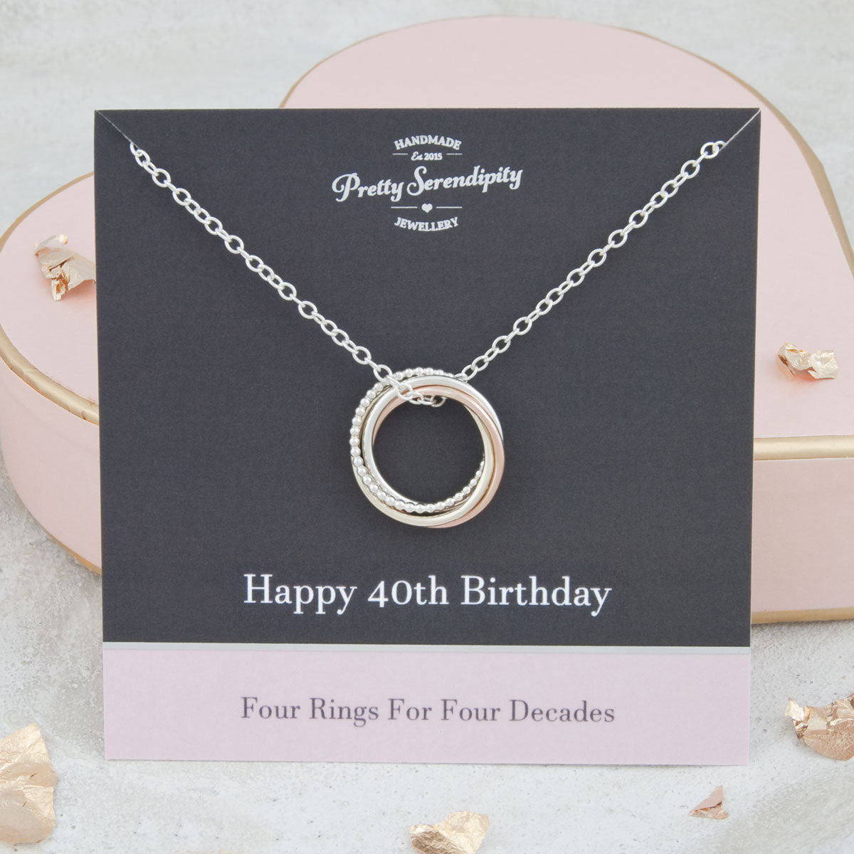 40th Birthday Necklace – 4 Rings for 4 Decades – 9ct Gold and Silver