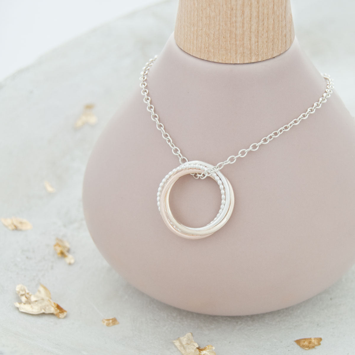 40th Birthday Necklace – 4 Rings for 4 Decades – 9ct Gold and Silver