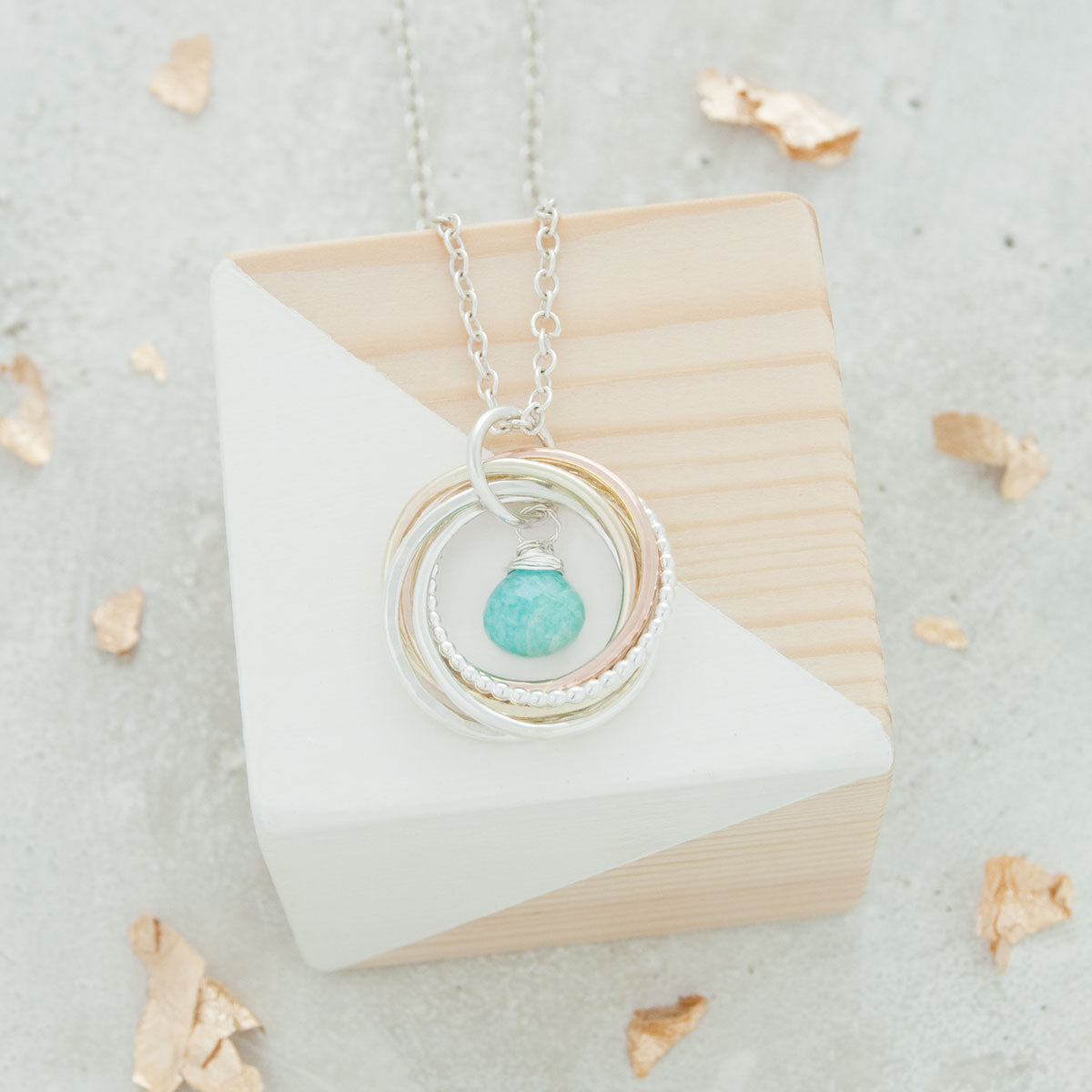 60th Birthday Birthstone Necklace – 6 Rings for 6 Decades – 9ct Gold and Silver