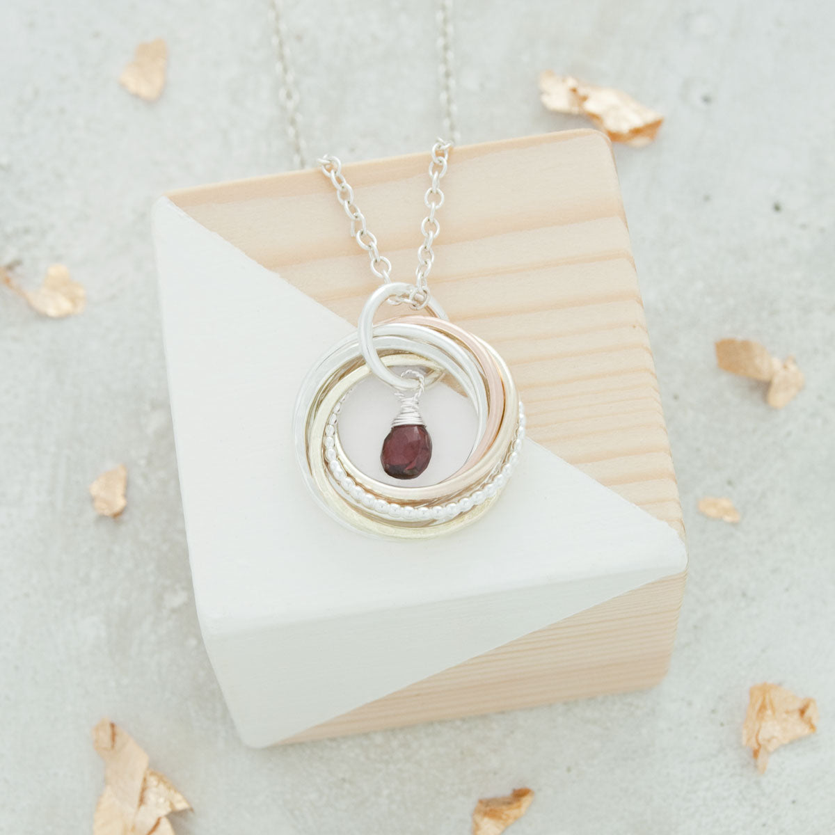 70th Birthday Birthstone Necklace – 7 Rings for 7 Decades – 9ct Gold and Silver