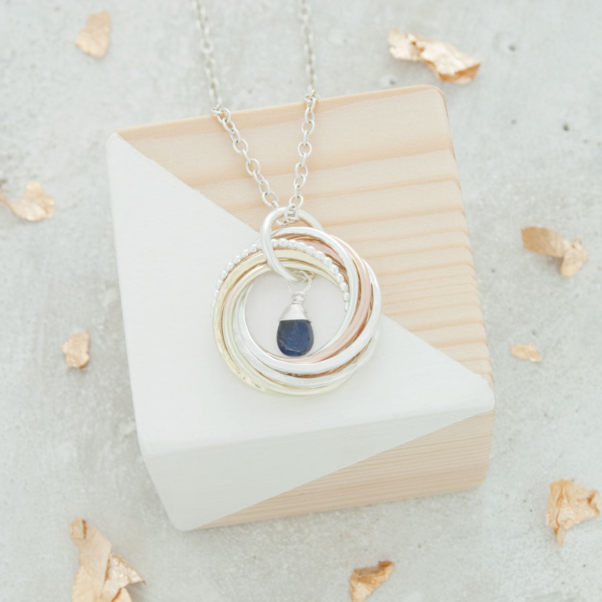 80th Birthday Birthstone Necklace – 8 Rings for 8 Decades – 9ct Gold and Silver