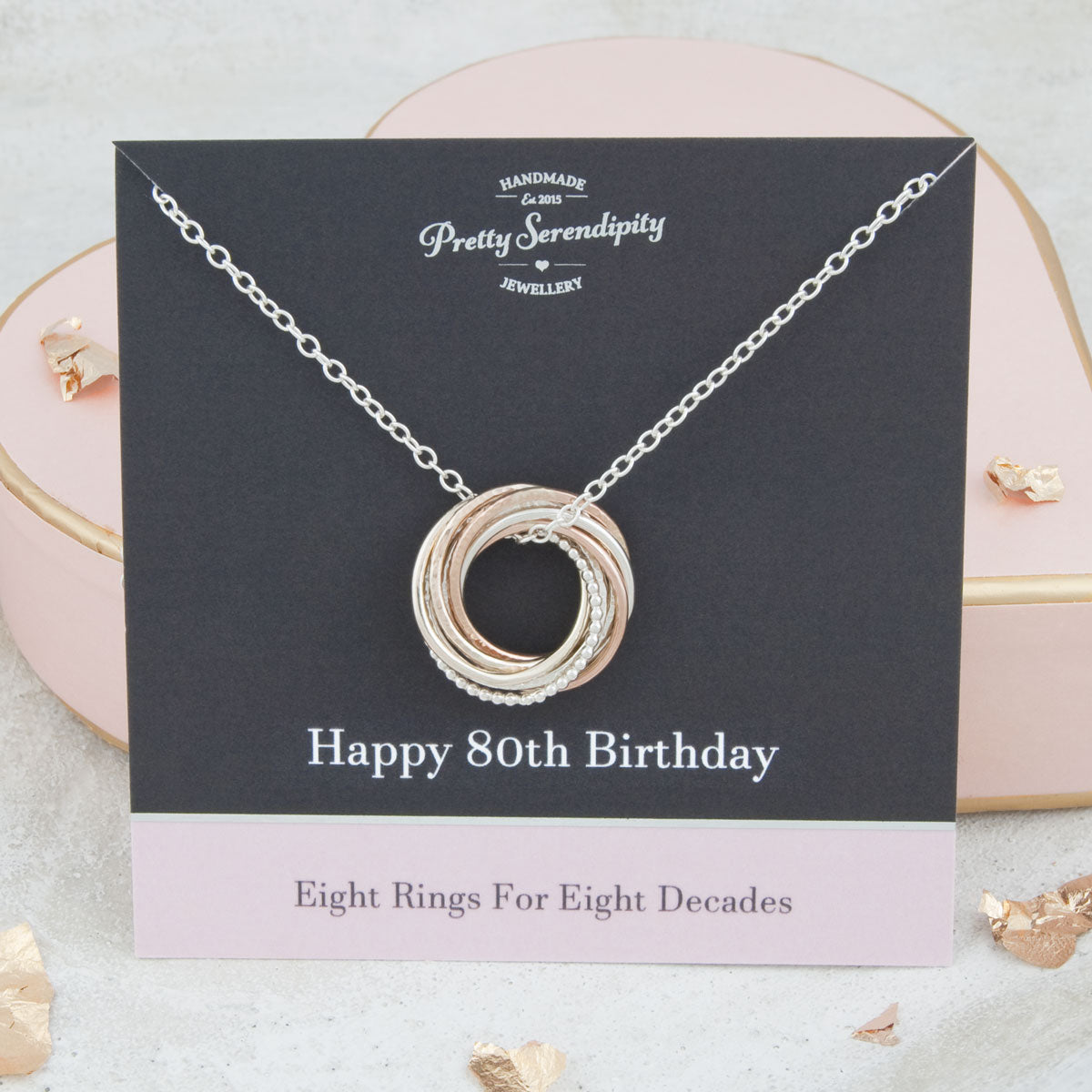 80th Birthday Necklace – 8 Rings for 8 Decades – 9ct Gold and Silver