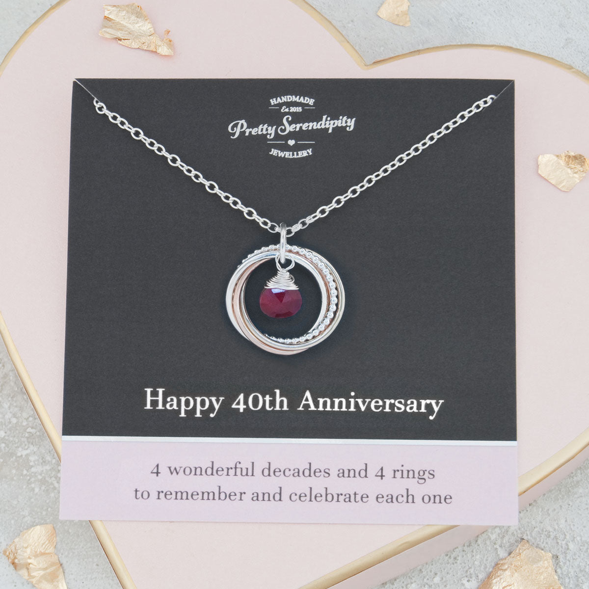 40th Ruby Anniversary Necklace – 4 Rings for 4 Decades – 9ct Gold and Silver