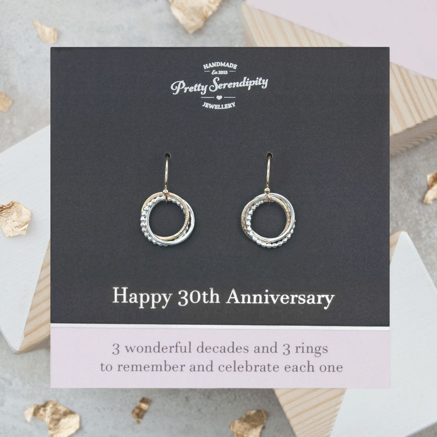 30th Anniversary Earrings – 3 Rings for 3 Decades – Silver and Gold