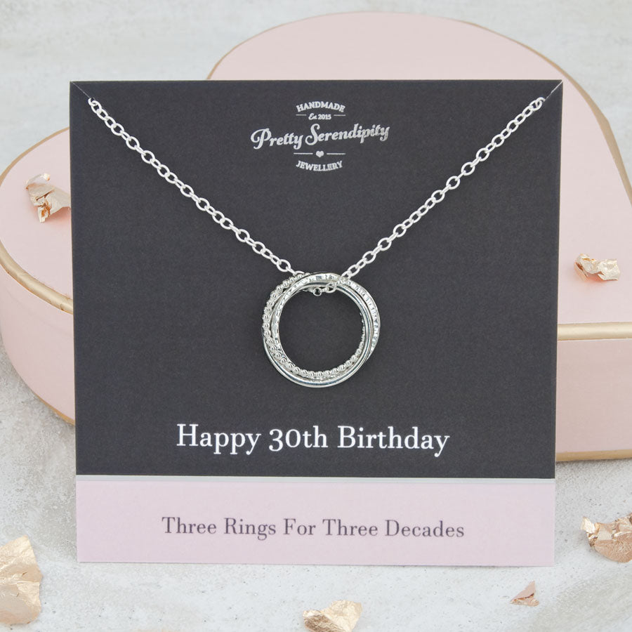 30th Birthday Necklace – 3 Rings For 3 Decades – Sterling Silver – Textured