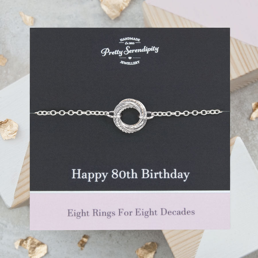 80th Birthday Bracelet – 8 Rings for 8 Decades – Sterling Silver – Textured