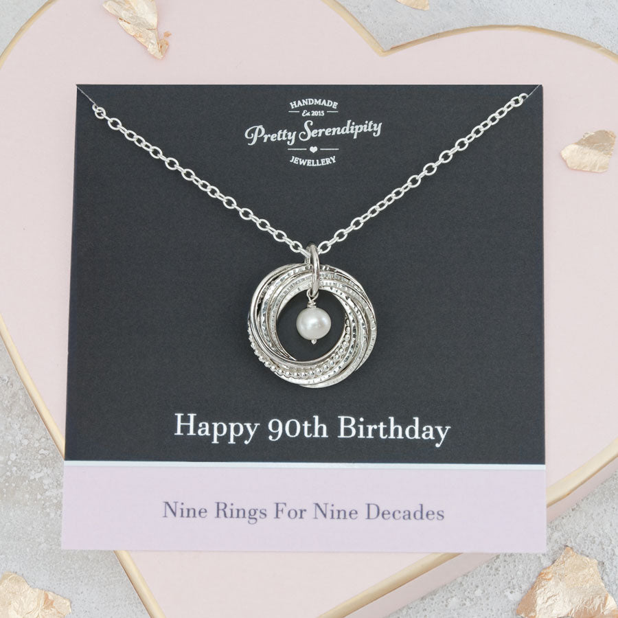 90th Birthday Birthstone Necklace – 9 Rings for 9 Decades – Sterling Silver – Textured